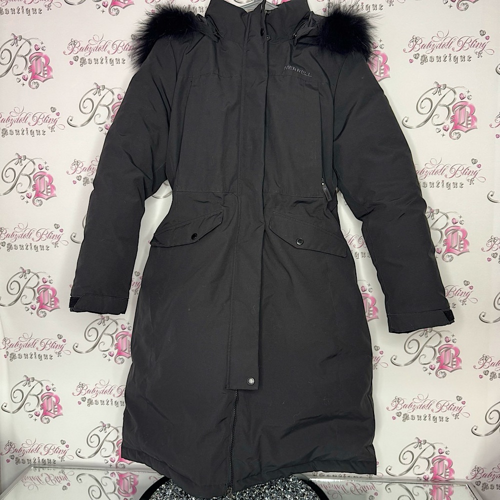 Merrell coat jacket parka puffer feather down black fur hood waist tie cinch